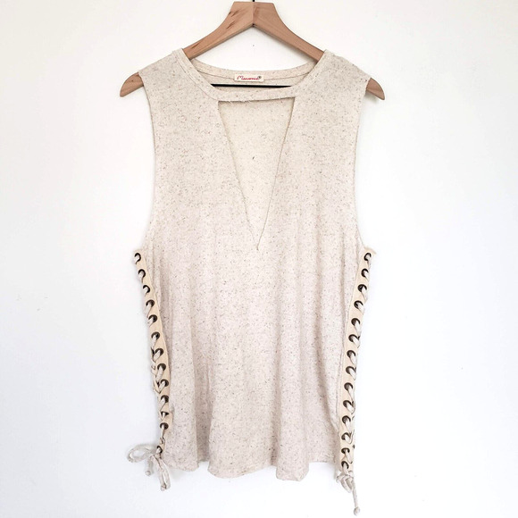 Maronie SIZE S Cream Textured Tunic Tank Top Distressed Lace Up Sides Keyhole - Picture 12 of 14